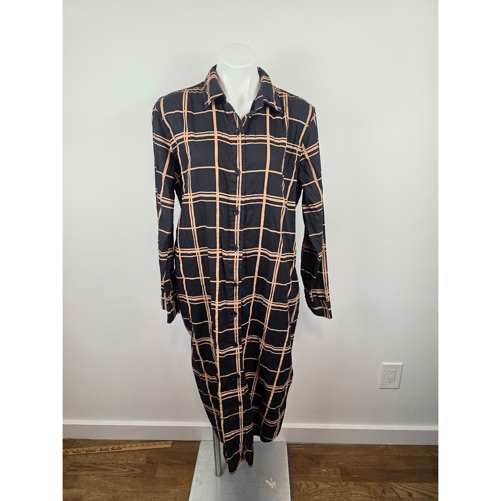 Pact Organic Cotton Windowpane Plaid Midi Shirt Dress Black Tan Large Pockets